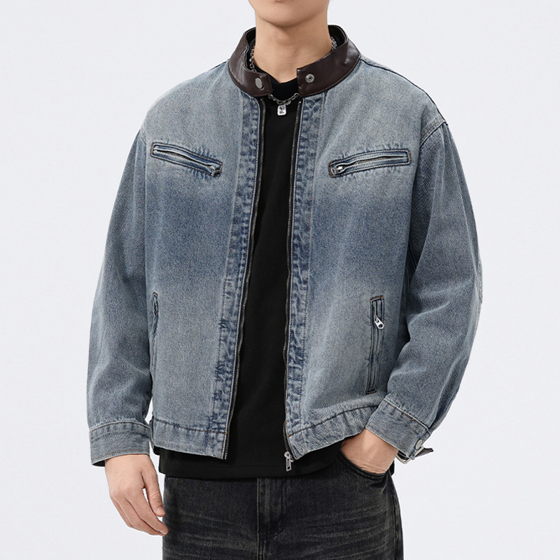 Mens Fashion Denim Jacket - Herren Jeansjacke mit Lederkragen, Vintage-Stil, Lässige