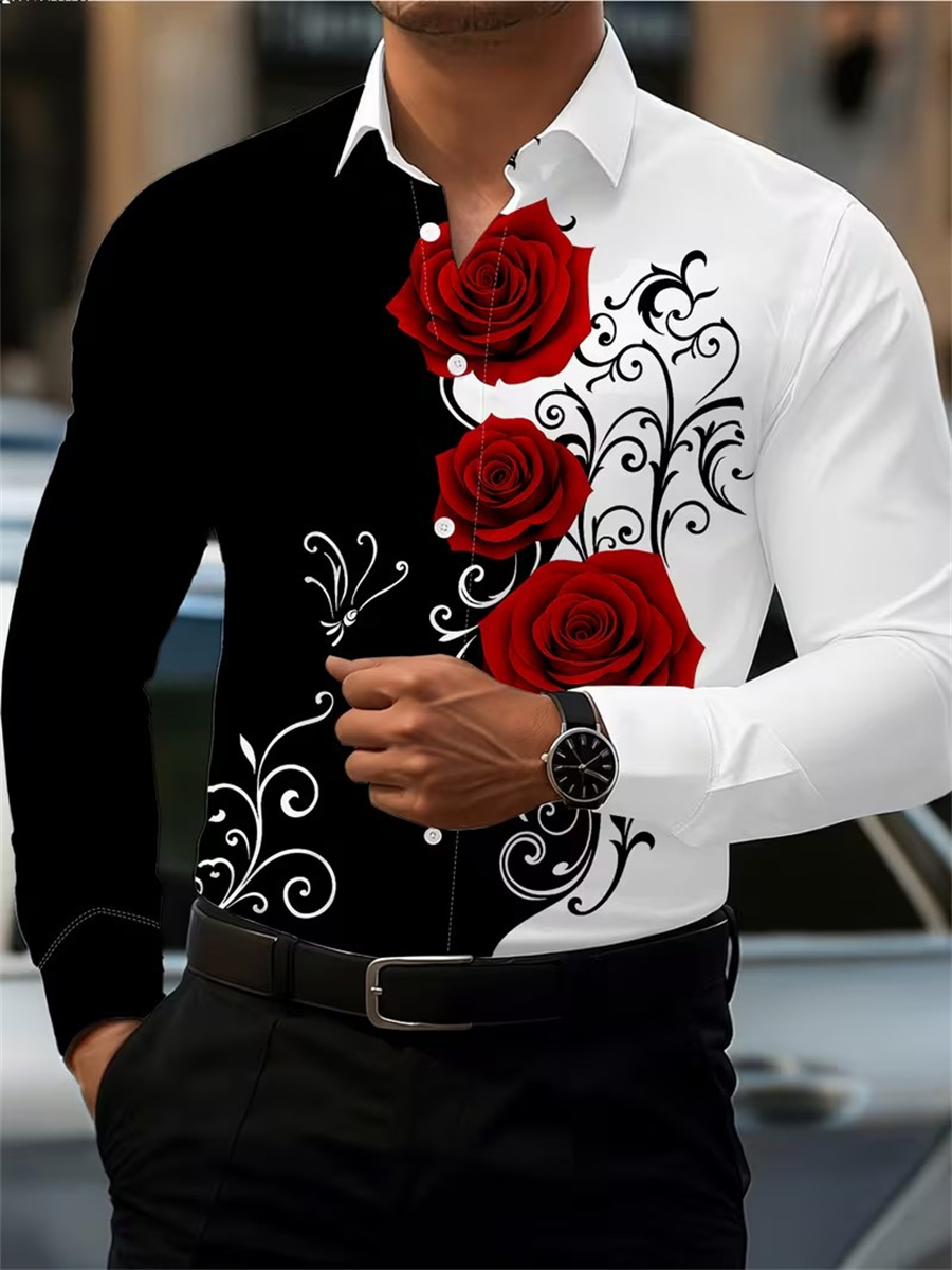 Mens Fashion Wear - Herren Langarmhemd mit rotem Rosenmuster, modisch